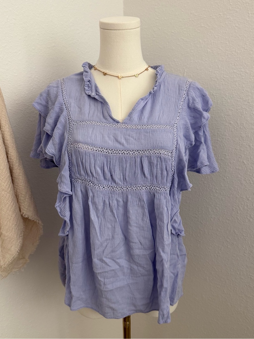 Cupio Lavender Ruffle Sleeve Boho Blouse Lilac Rayon Top Medium
